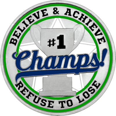 Navy Blue "Champs!" with Green Outer Circular Borders
